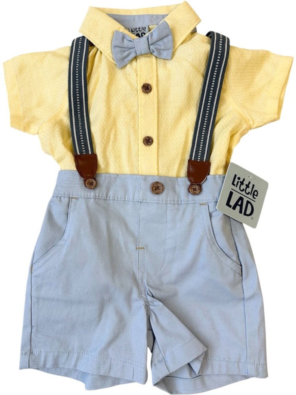 Little Lad Baby Boy Size 12M 4-Pc Bowtie Sky Blue/Yellow Suspender Shorts Set